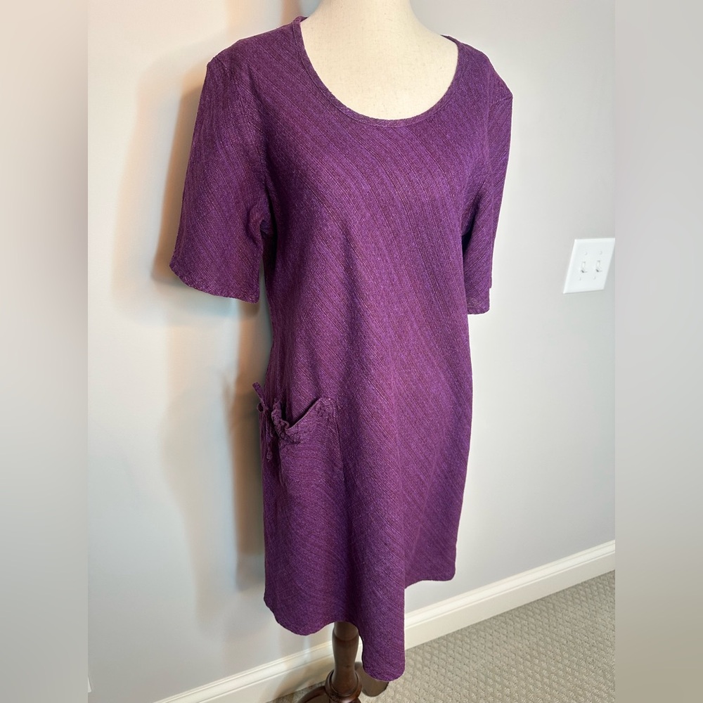 Sz S Flax scoop neck linen dress short sleeve knee length pocket